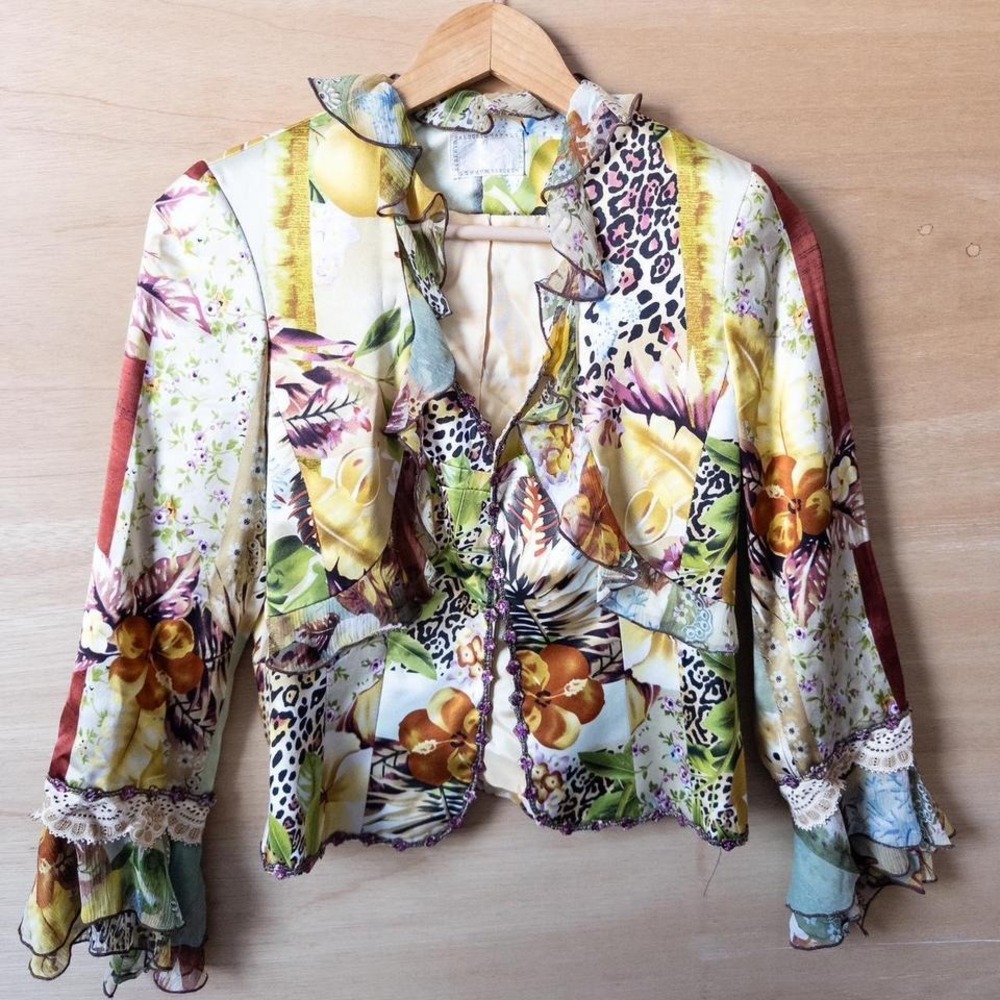 Alberto Malaki floral silk multi blazer with ruffles and beading